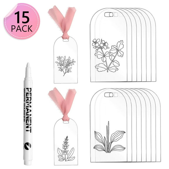 Tripumer 15PCS Clear Acrylic Label Tape Ribbon Blank Arched Acrylic Party Name Cards with White Marker Booking Seating Labels Table Placement Number Guest Name Dinner Cards