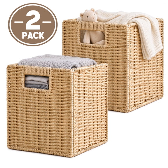 Tripumer 2 Pack Foldable Woven Rope Cube Storage Bin, 9.84 Inch with Dual Handles, Beige for Wardrobe and Bedroom