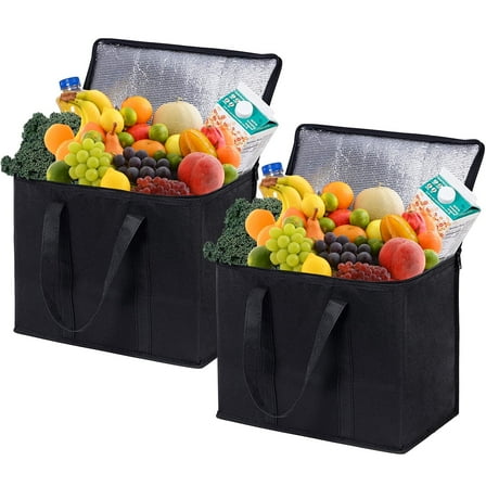 Tripumer 2 Pack Large Insulated Grocery Shopping Bags Reusable Bag Thermal Zipper Collapsible Tote Cooler Food Transport Hot and Cold for Instacart Camping Black