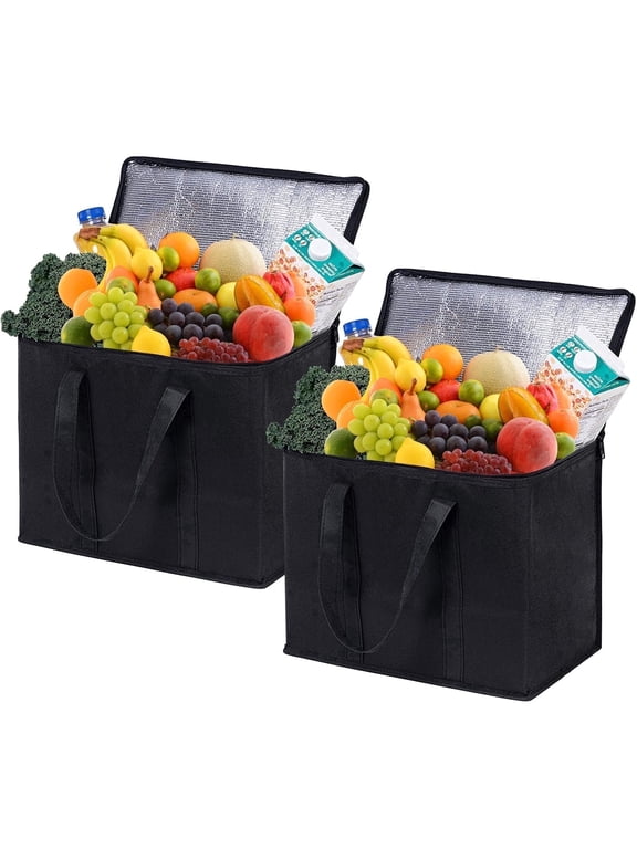 2 Pack Large Insulated Grocery Shopping Bags Reusable Bag Thermal Zipper Collapsible Tote Cooler Food Transport Hot and Cold for Instacart Camping Black