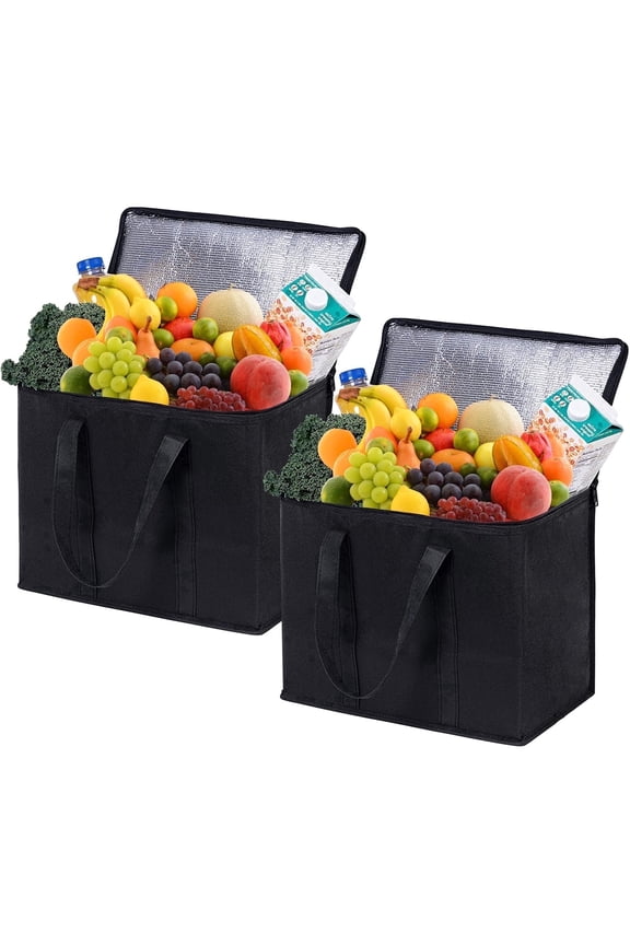 2 Pack Large Insulated Grocery Shopping Bags Reusable Bag Thermal Zipper Collapsible Tote Cooler Food Transport Hot and Cold for Instacart Camping Black