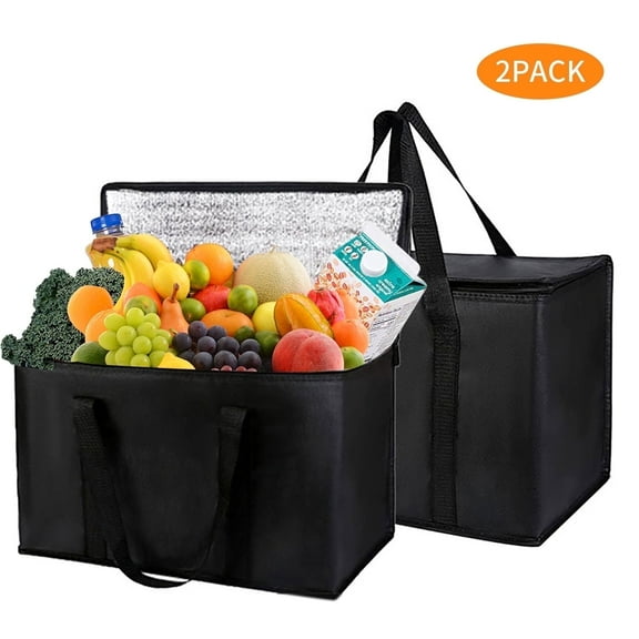 Tripumer 2 pack Large Insulated Grocery Tote Shopping Bags Thermal Zipper Collapsible Cooler for Picnic Delivery Black