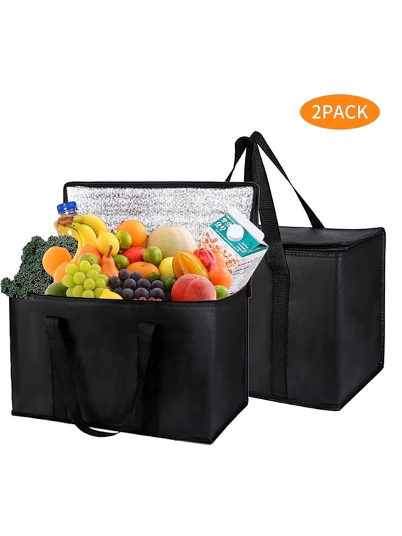 2 Pcs Insulated Grocery Bags 20 x 10 x 13 inch Food Delivery Bag Shopping Grocery Bag Transport Keep Food Warm Or Cool Black