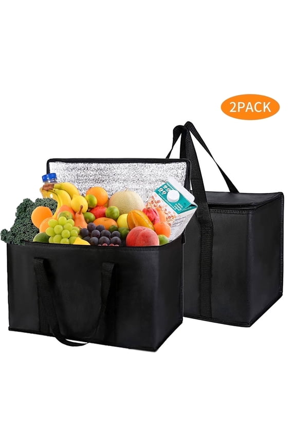 2 Pcs Insulated Grocery Bags 20 x 10 x 13 inch Food Delivery Bag Shopping Grocery Bag Transport Keep Food Warm Or Cool Black