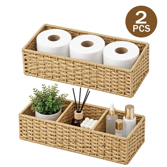 Tripumer 2 Pack Paper Rope Woven Storage Basket, 3 Compartments Stackable Divided Organizer Bin for Bathroom Vanity Countertop Shelf, Khaki