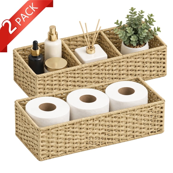 Tripumer 2 Pack Paper Rope Woven Storage Basket, 3 Compartments Stackable Divided Organizer Bin for Bathroom Vanity Countertop Shelf, Natural