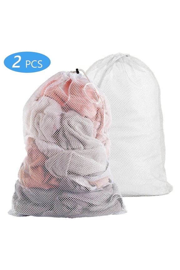 2 Pcs Large Mesh Laundry Bags Dirty Clothes Bag Drawstring Washing Bags for Travel College Dorm Apartment Family White