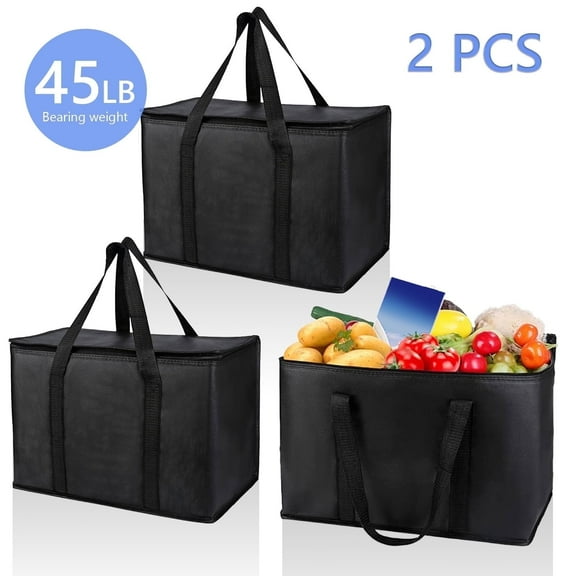 Tripumer 2 Pcs Insulated Grocery Bags Food Delivery Bag 20 x 10 x 13 inch Shopping Grocery Bag Transport Keep Food Warm Or Cool Collapsible Washable Sturdy Zipper Black