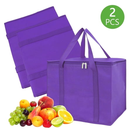 Tripumer 2 Pcs Large Insulated Grocery Bags Reusable Thermal Zipper Collapsible Cooler Tote for All Ages Food Transport Purple