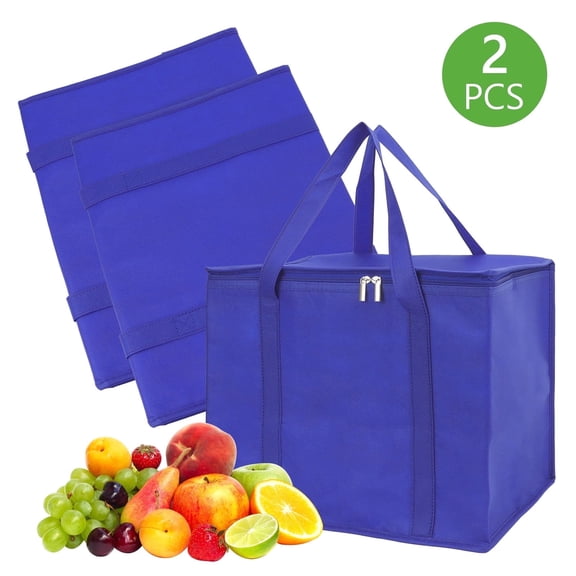Tripumer 2 Pcs Large Insulated Grocery Bags Reusable Thermal Zipper Collapsible Cooler Tote for All Ages Food Transport Blue