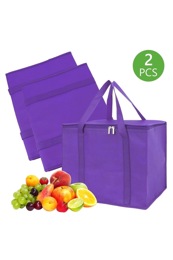 2 Pcs Large Insulated Grocery Bags Reusable Thermal Zipper Collapsible Cooler Tote for All Ages Food Transport Purple