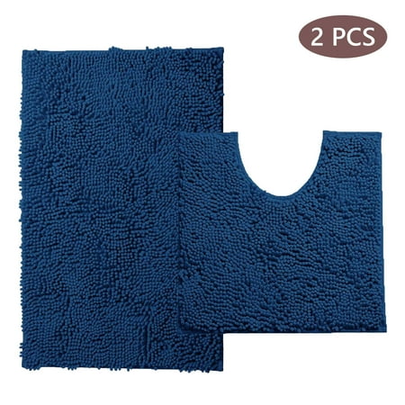 Tripumer 2 Pcs Luxury Chenille Bathroom Mat Set Bathroom Rugs Set Non Slip Rugs Set for Bathroom Extra Absorbent Soft Washable Machine Wash Navy Blue