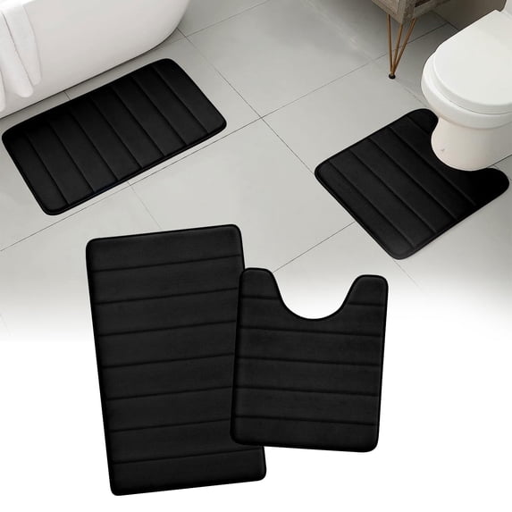 Tripumer 2 Pcs Memory Foam Bathroom Rug Set with U-Shaped Contour Toilet Mat for Extra Absorbent Bathroom Floor Black
