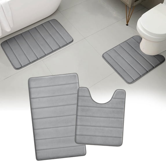 Hengbo 2 Pcs Memory Foam Bathroom Rug Set with U-Shaped Contour Toilet Mat for Extra Absorbent Bathroom Floor Gray