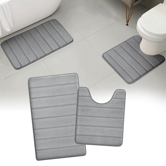 Tripumer 2 Pcs Memory Foam Bathroom Rug Set with U-Shaped Contour Toilet Mat for Extra Absorbent Bathroom Floor Gray