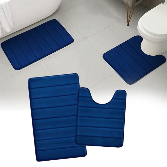 Tripumer 2 Pcs Memory Foam Bathroom Rug Set with U-Shaped Contour Toilet Mat for Extra Absorbent Bathroom Floor Navy Blue