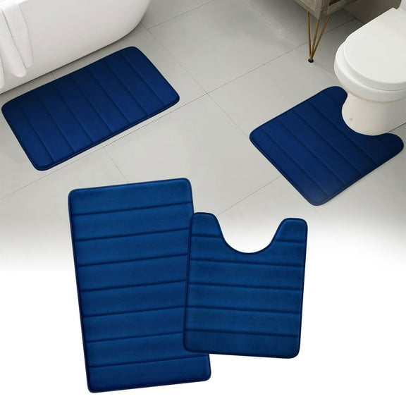Tripumer 2 Pcs Memory Foam Bathroom Rug Set with U-Shaped Contour Toilet Mat for Extra Absorbent Bathroom Floor Navy Blue