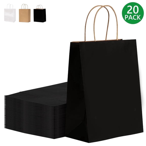Tripumer 20 Pcs Gift Bags with Handles Paper Gift Bags 8 x 4.3 x 10.7 inch Kraft Paper Bags Craft Gift Bags for Party Favors Grocery Shopping Black