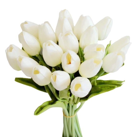 Tripumer 20 White Artificial Tulips Silk Flowers PU Real Touch Fake Flowers 13.5inch Artificial Decorations Fake Tulips for Wedding Party Office Home Kitchen Decoration
