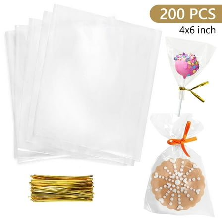 Tripumer 200 Pcs Cellophane Plastic Bags 4 X 6 inch Clear Plastic Cellophane Bags Treat Goodie Bags with Ties Plastic Clear Treat Bag for Party Favor Candy Cookie Popcorn Small Gift Wrapping