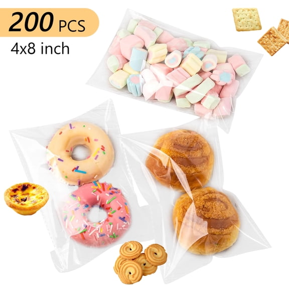 Tripumer 200 Pcs Clear Cellophane Bags 4 x 8 inch Self-adhesive Biscuit Self Sealing Cookie Bags Plastic Packaging Bags for Party Cookie Small Present