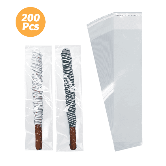 Tripumer 200 Pcs Clear Pretzel Bags Clear Pretzel Bags 2 x 10 inch Adhesive Pretzels bag Self Sealing for Chocolate Covered Pretzels Stick Candy Treats Packaging