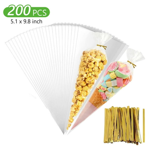 Tripumer 200 Pcs Cone Cellophane Treat Bags 5.1 x 9.8 inch Plastic Cone Bag Sweet Treat Bags with 100 Pieces Twist Ties for Treats Gift Giving Party Favor Candy Snack Wraps