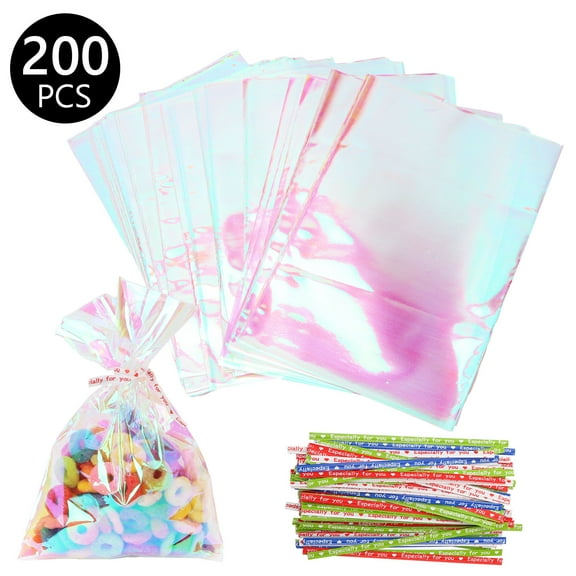 Tripumer 200 Pcs Iridescent Cellophane Bags 4 x 6 inch Cellophane Treat Bags Plastic Cello Gift Bags for Cookie Candy Popcorn Party Favors Small Gifts