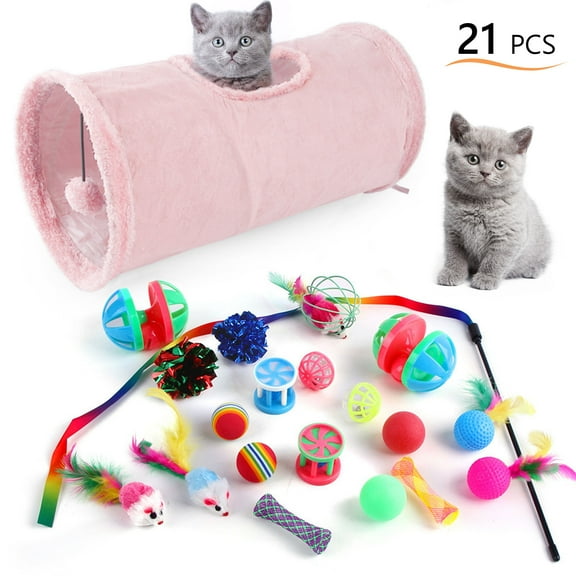 Tripumer 21pcs Cat Toys Kitten Toy Set Tunnel Interactive Cat Toys Plush Cat Folding Tunnel Teaser Stick 7 Colourful Mouse for Cats, Rabbits, Kittens, Puppies and Small Pets (Rose)