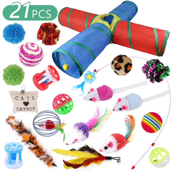 Tripumer 24Pcs Cat Toy Set Blue Foldable Cat Tunnel Colorful Cat Teaser Wand Suitable for Puppies, Kittens, Young Dogs, and Rabbits