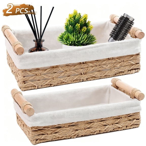 Tripumer 2Pack Handled Wicker Storage Basket (Beige),Stackable Woven Organizer for Bathroom, Living Room, Office, Kitchen
