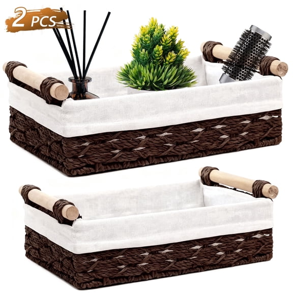 Tripumer 2pack Handled Wicker Storage Basket with Liner(Brown), Large + Small Toilet Paper Holder Stackable Organizing Suitable for Toilet Tank Top/Living Room/Office/Kitchen