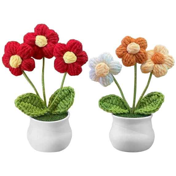 Tripumer 2pcs Handmade Crochet Cyclamen Potted Flowers,Mini Artificial Decor for Car Dashboard/Office/Home (Red/Yellow)