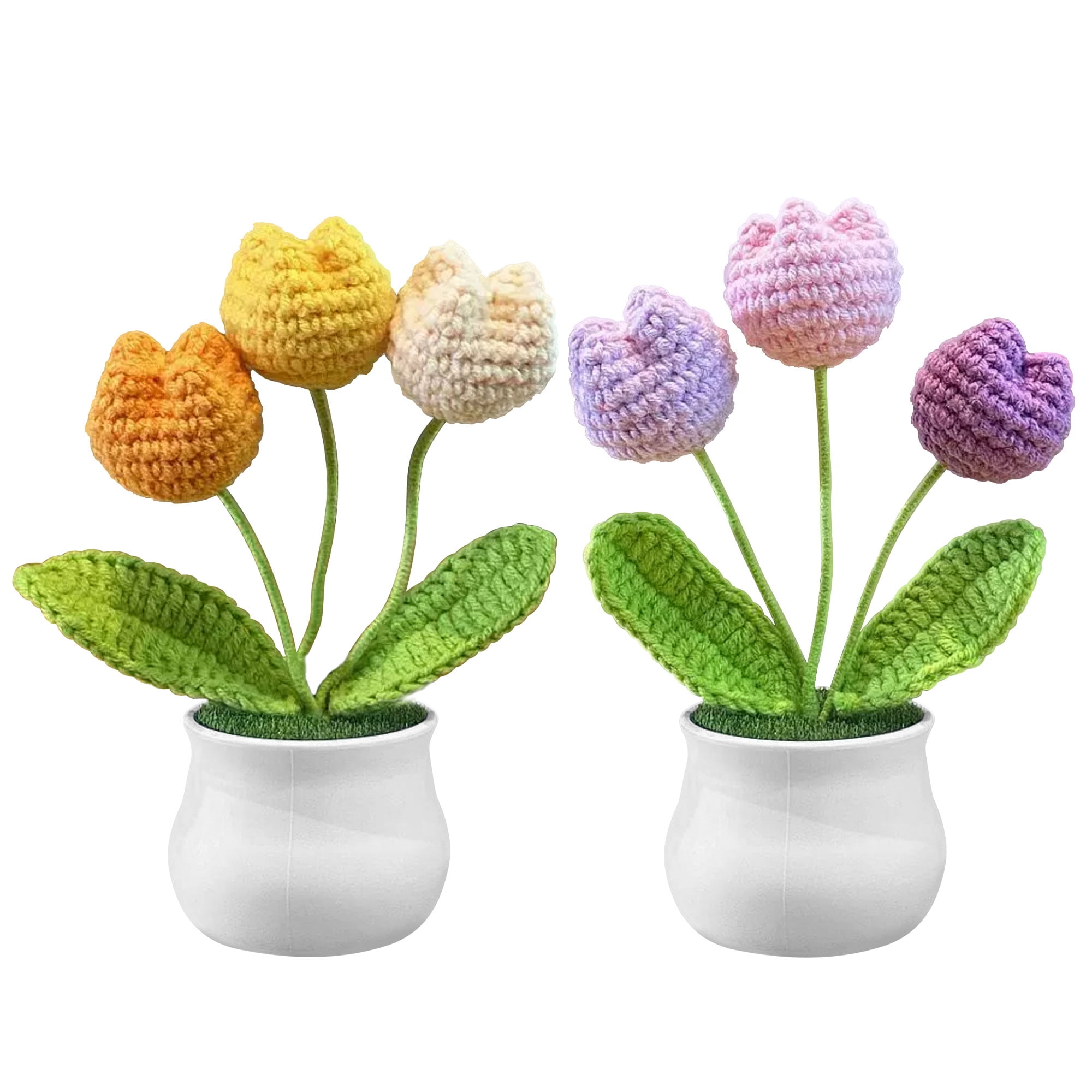 Tripumer 2pcs Crochet Tulip Potted Plant Hand Knit Three Artificial Flowers Mini Tulip Potted Plant Decoration For Car Dashboard Office Living Room Bedroom and Holiday Gifts