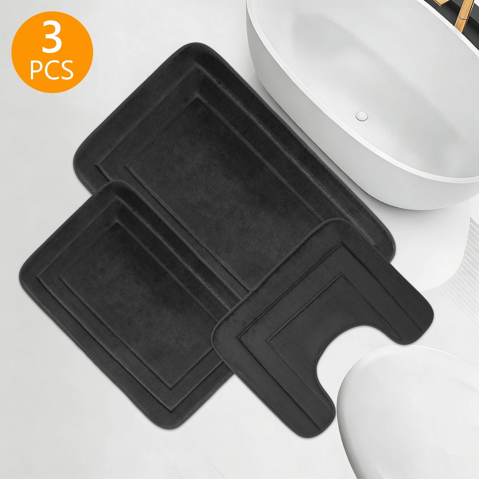 Tripumer 3 Pcs Black Memory Foam Bath Mat Set Bathroom Rugs Set U Shape Toilet Mats for Toilet Shower Sink