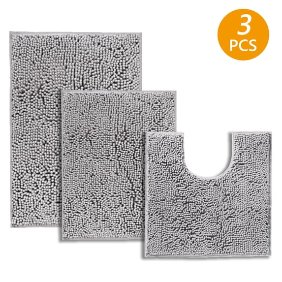 Hengbo 3 Pcs Chenille Bathroom Rug Sets Shaggy Bathroom Mat Set Carpet Extra Thick Soft Absorbent Soft Non Slip Machine Wash Light Gray