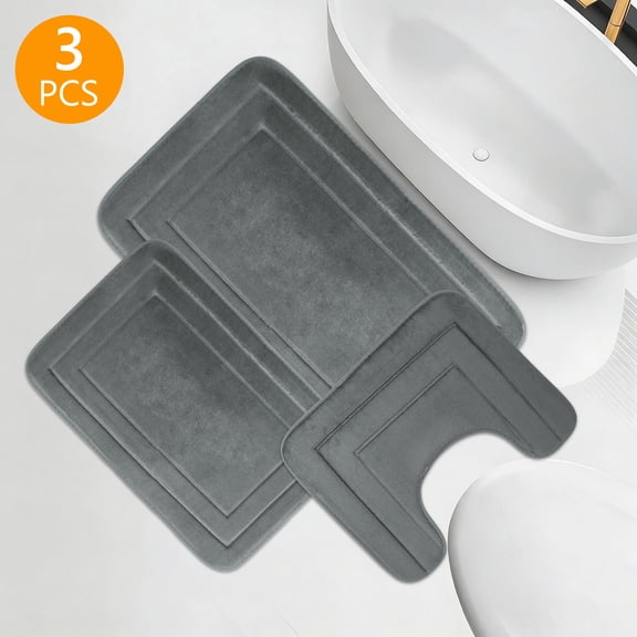 Tripumer 3 Pcs Dark Gray Memory Foam Bath Mat Set Bathroom Rugs Set U Shape Toilet Mats for Toilet Shower Sink