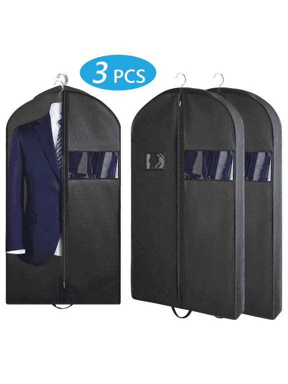 3 Pcs Heavy Duty Garment Bags Hanging Clothes Suit Covers 43 x 24 x 4 inch Suit Bags Clear Window For Clothes Dress Coats Jackets Shirts Travel Black