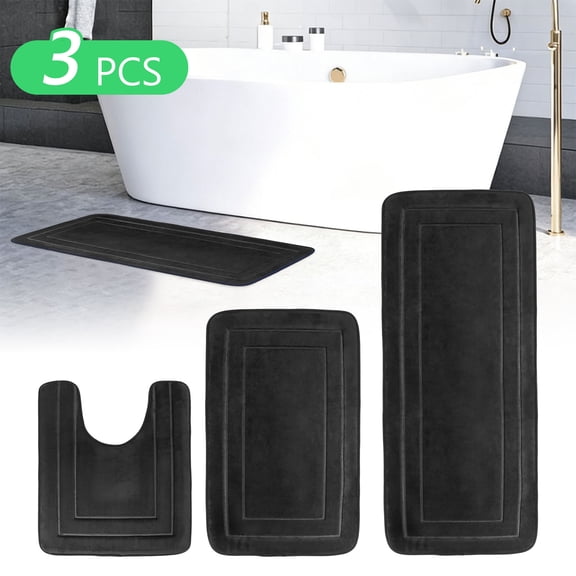 Tripumer 3 Pcs Large Memory Foam Bath Mat Set Bathroom Rugs Set U Shape Mats for Bath Floor Black