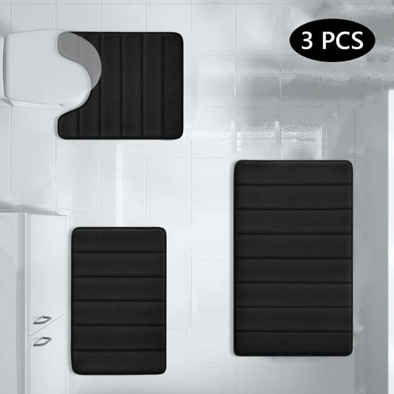 Tripumer 3 Pcs Memory Foam Bathroom Rug Set with U Shape Mat Bathroom Mats and Rugs Sets for Bathroom Comfortable Soft Black