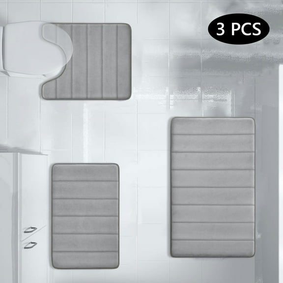 Tripumer 3 Pcs Memory Foam Bathroom Rug Set with U Shape Mat Bathroom Mats and Rugs Sets for Bathroom Comfortable Soft Gray