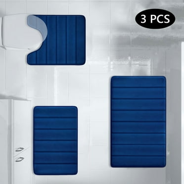 Tripumer 3 Pcs Memory Foam Bathroom Rug Set with U Shape Mat Bathroom Mats and Rugs Sets for Bathroom Comfortable Soft Navy Blue