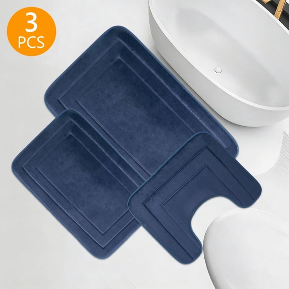 Tripumer 3 Pcs Navy Blue Memory Foam Bath Mat Set Bathroom Rugs Set U Shape Toilet Mats for Toilet Shower Sink