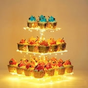 Tripumer 3 Tier Square Cupcake Stand Acrylic Cupcake Stand with Yellow LED Light String Dessert Display Stand for Birthday, Wedding, Party, Party Cupcake Serving Tray Classic, Kitchen