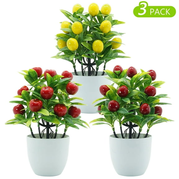 Tripumer 3PCS 10 inch Simulation Fruit Potted Plants Fake Lemon/Apple Trees with White Pot for Home/Office/Living Room/Kitchen