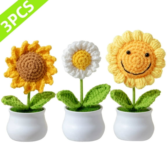 Tripumer 3Pack Handmade Crochet Sunflower Potted Decor,Mini Artificial Flower with Smiley Face for Car Dashboard/Office/Home