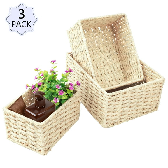 Tripumer 3Pack Handwoven Rattan Storage Baskets -Beige, Rectangular Stackable Desktop Storage Boxes, Suitable for Living Room / Kitchen / Office /Shelving