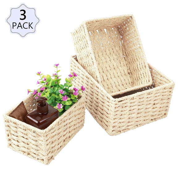 Tripumer 3Pack Handwoven Rattan Storage Baskets -Beige, Rectangular Stackable Desktop Storage Boxes, Suitable for Living Room / Kitchen / Office /Shelving