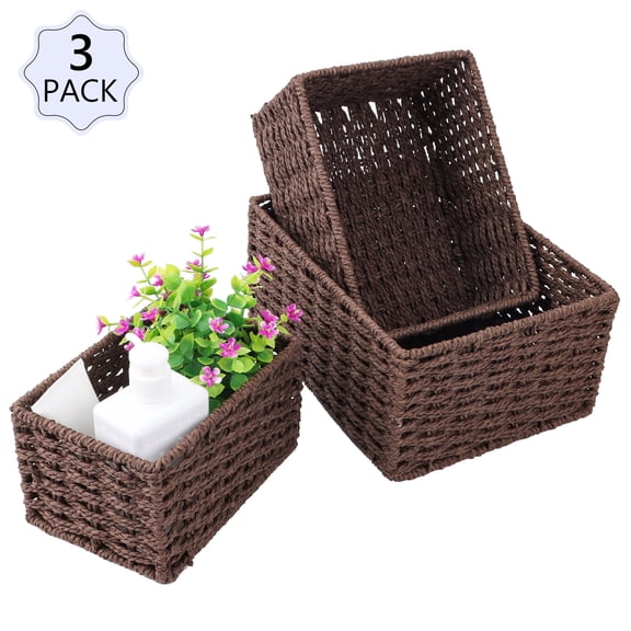 Hengbo 3Pack Handwoven Rattan Storage Baskets -Coffee, Rectangular Stackable Desktop Storage Boxes, Suitable for Living Room / Kitchen / Office /Shelving