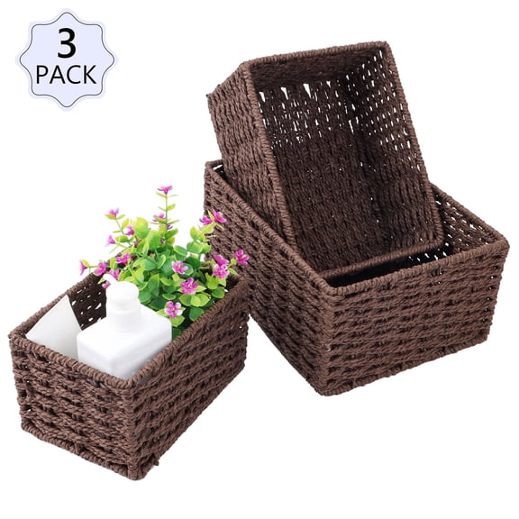 Tripumer 3Pack Handwoven Rattan Storage Baskets -Coffee, Rectangular Stackable Desktop Storage Boxes, Suitable for Living Room / Kitchen / Office /Shelving
